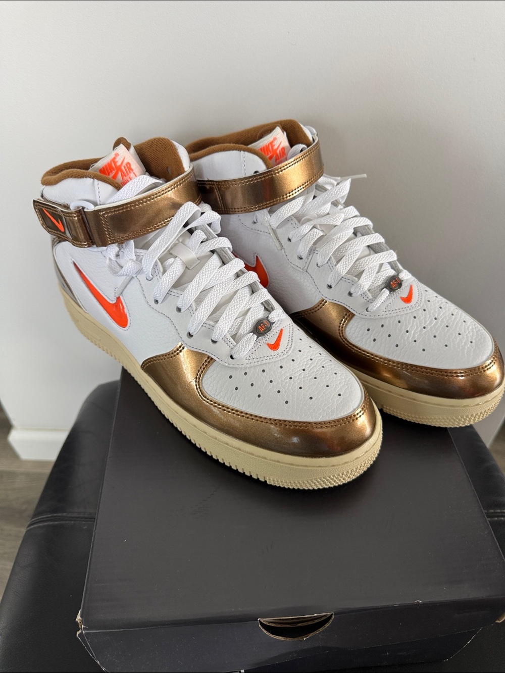 Nike Air Force 1 Mid White Metallic Gold with Orange Swoosh
